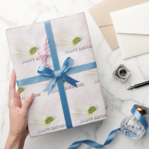 Papel De Presente Cosmos de Aniversário em Rosa Esbranquiçada