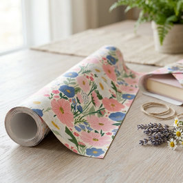 Papel De Presente Cosmos Rosa e Flores Silvestres Botânicas