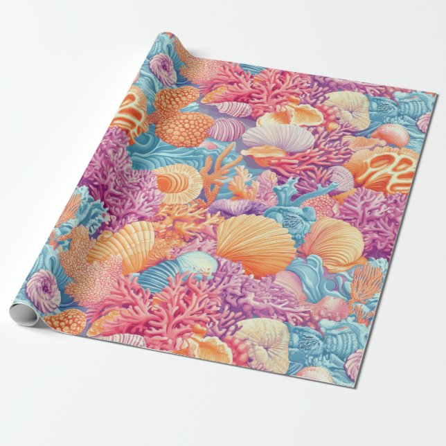Papel De Presente Costeira russa - Conchas, Starfish, Recife (20) (Desenrolado)