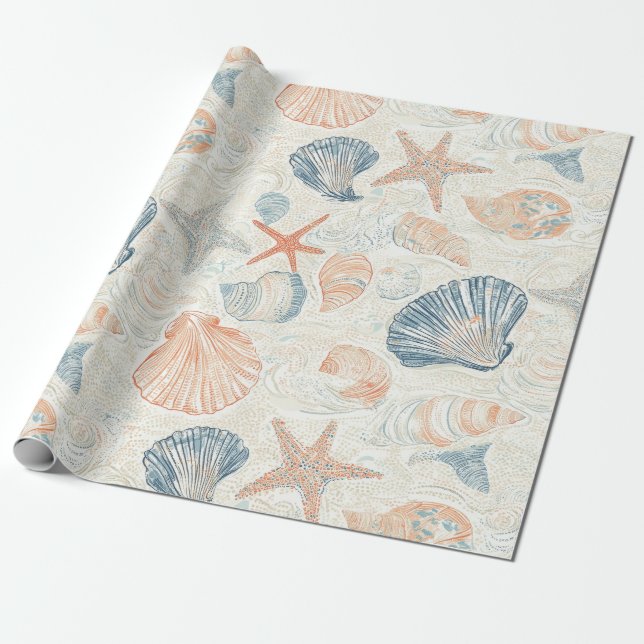 Papel De Presente Costeira russa - Conchas, Starfish, Recife (25) (Desenrolado)