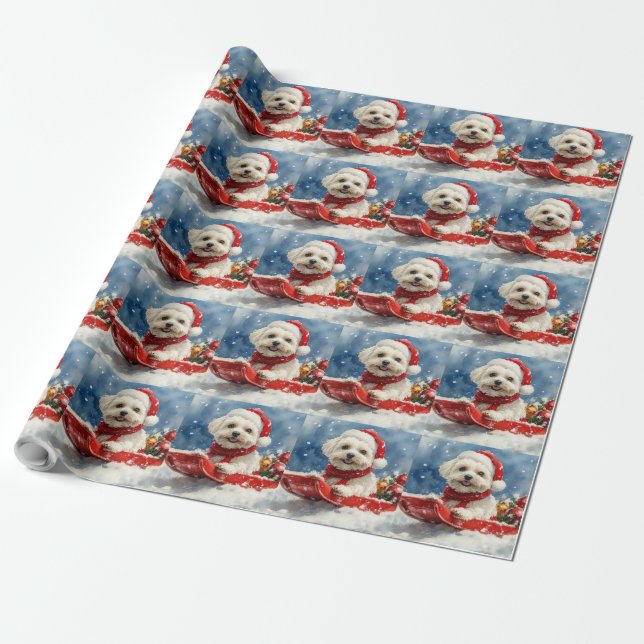 Papel De Presente Coton De Tulear no Trenó Deixe Nevar Natal (Desenrolado)