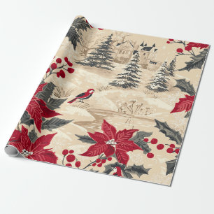 Papel De Presente Cottagecore Mansão de Natal Poinsettia Vermelha Cr