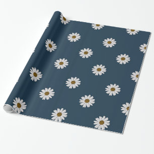Papel De Presente Cottagecore White Daises no Fundo do Marinho