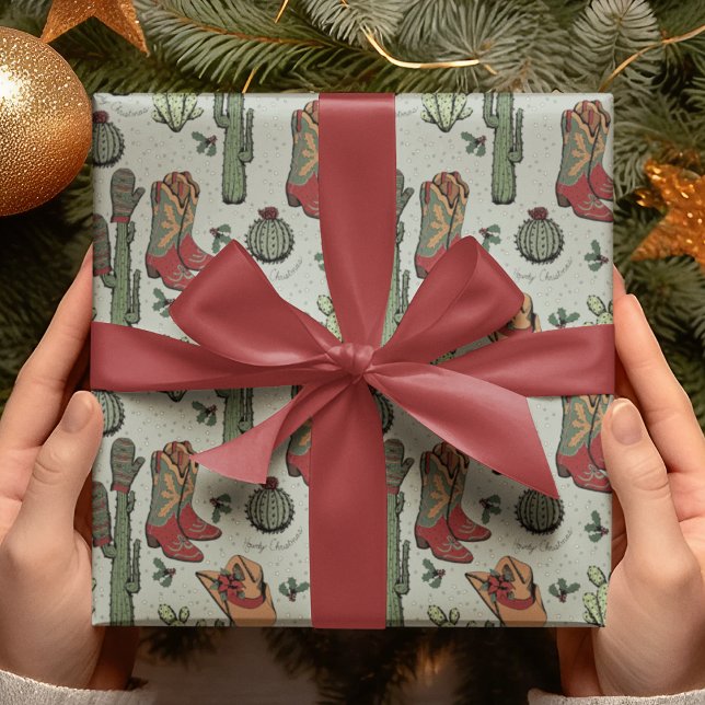Papel De Presente Country Cowboy Howdy Natal (Festive Country Xmas Hand-Drawn Art. Cowboy Boots, Cacti, Winter Gloves, Poinsettia, Holly & Stars.)