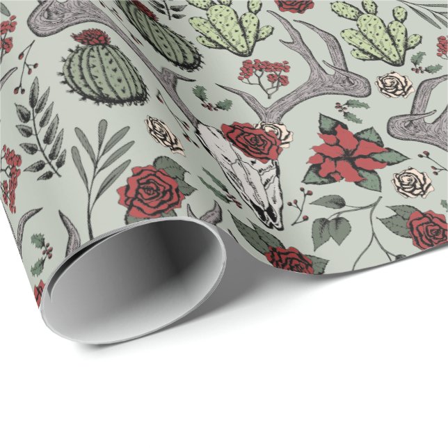Papel De Presente Country Western Christmas Floral Reindeer Skull (Ponta do rolo)