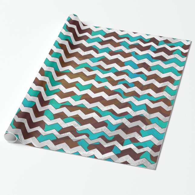 Papel De Presente Cow Brown e Teal Chevron (Desenrolado)