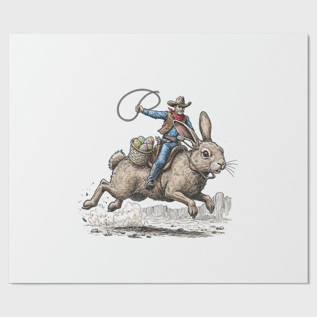 Papel De Presente Cowboy Riding Easter Bunny Western Howdy Easter Fu (Aberto)