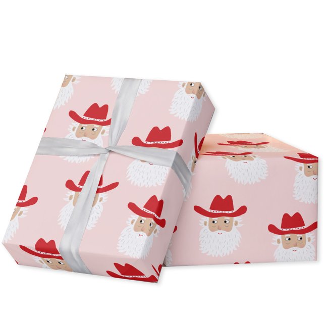 Papel De Presente Cowboy Santa Claus Christmas Pink (Fun Cowboy Santa Claus Western Christmas Holiday gift wrapping paper)