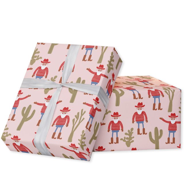 Papel De Presente Cowboy Santa Claus Pink Christmas (Fun Cowboy Santa Claus Western Christmas Holiday gift wrapping paper roll)