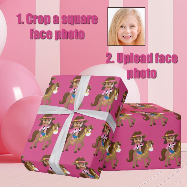 Papel De Presente Cowgirl Kids Face Photo Cute Pink Custom (Criador carregado)
