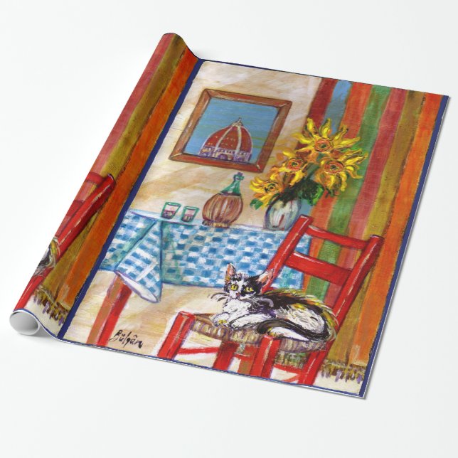PAPEL DE PRESENTE COZINHA ITALIANA EM FLORENÇA, FLORES E GATOS (Desenrolado)