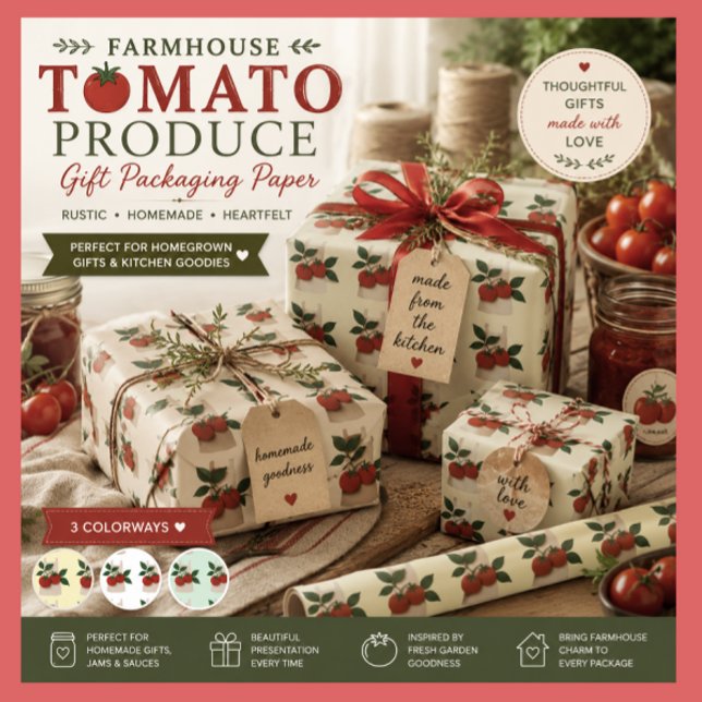 Papel de Presente Cozinha Jardim de Tomate (Gift wrapping paper for canning produce and gifting to friends and family or housewarming gifts)