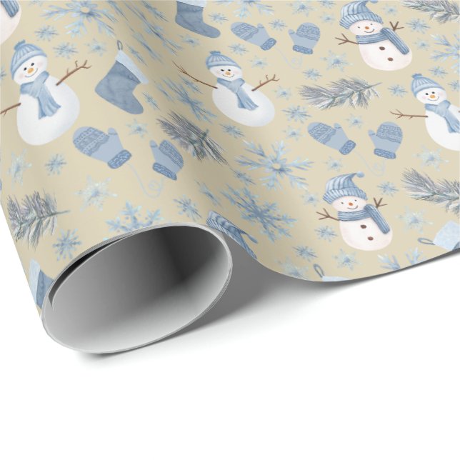 Papel De Presente Cozy Blue Winter em Tan (Ponta do rolo)