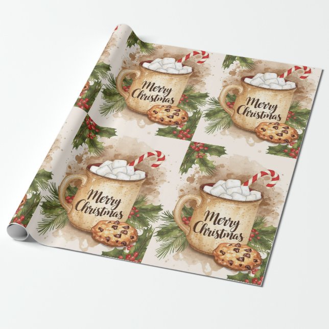 Papel De Presente Cozy cocoa merry Christmas cookie holly festive (Desenrolado)