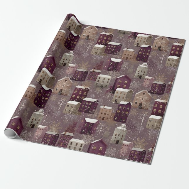 Papel De Presente Cozy Snowy Winter Village Pattern (1) (Desenrolado)