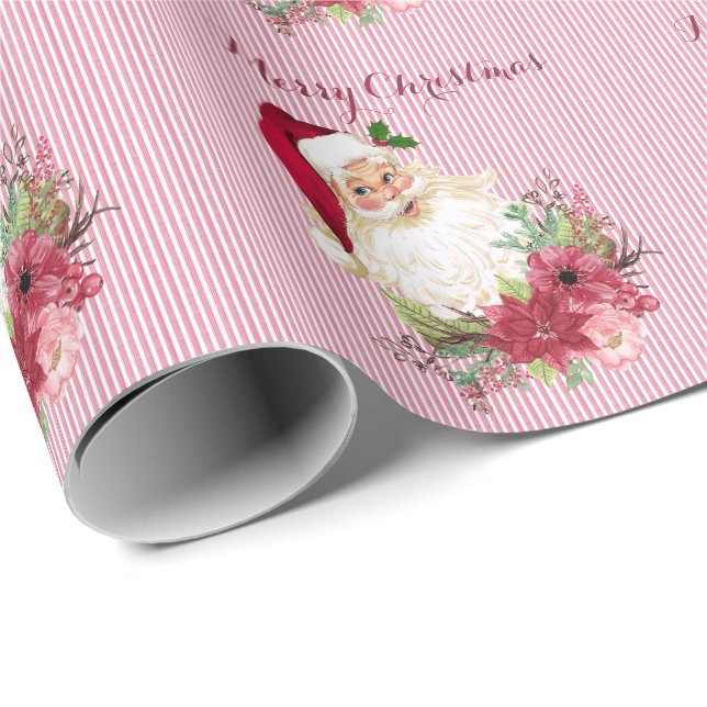 Papel De Presente Cranberry Floral Santa Claus Stripe Poinsettia (Ponta do rolo)