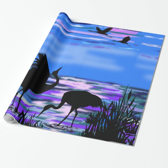 Papel De Presente Cranes Bird Wraping Paper Lake Sunset (Desenrolado)