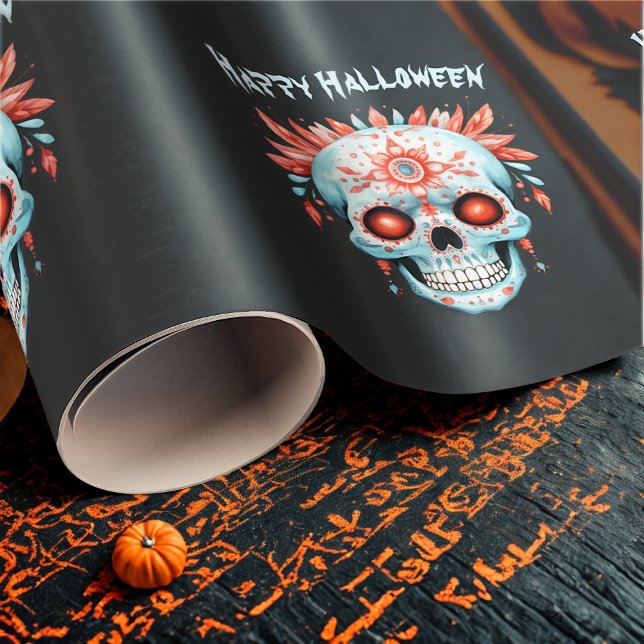 Papel De Presente Craniano de Açúcar de Halloween Rosa Azul Moderno  (Criador carregado)