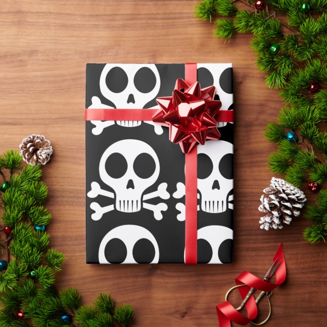 Papel De Presente crânio assustador em um fundo preto (Presente de Natal)