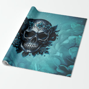 Papel De Presente Crânio azul escuro com rosas.