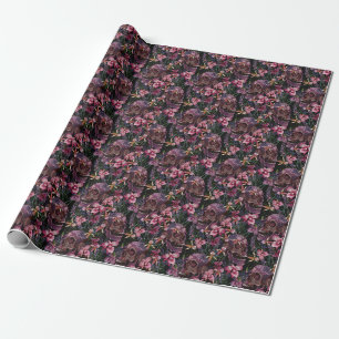 Papel De Presente Crânio bordado: Padrão Orquídeo Gótico