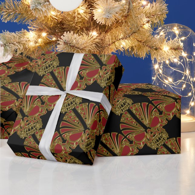 Papel De Presente Crânio de açúcar vermelho e ouro (Feriados)