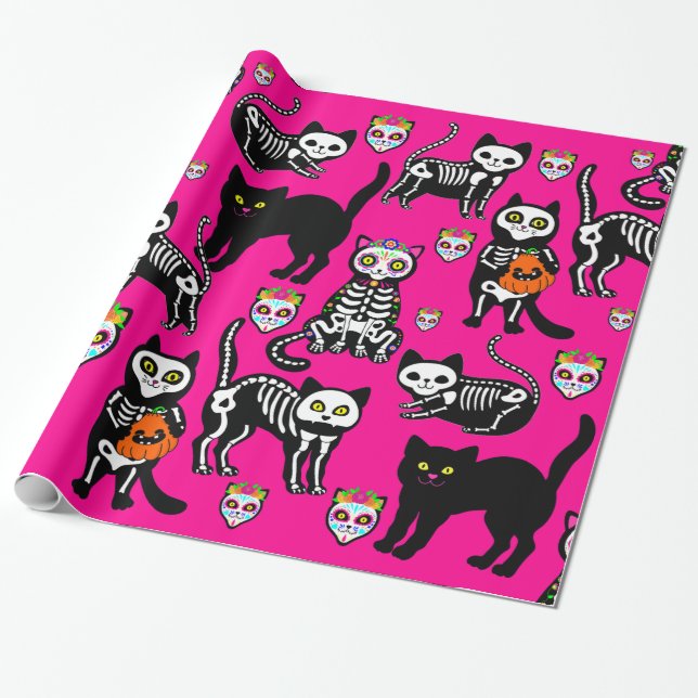 Papel De Presente crânio de gato de halloween rosa (Desenrolado)