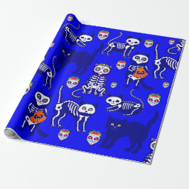 Papel De Presente crânio de gato halloween azul