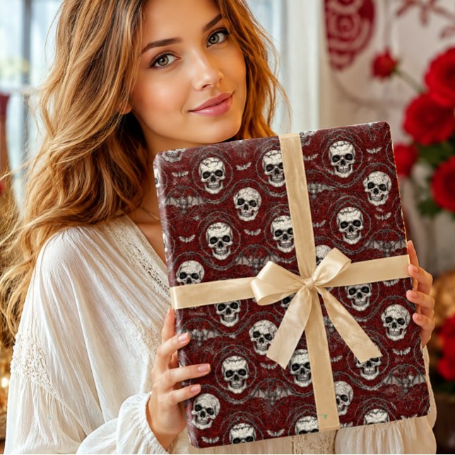 Papel De Presente Crânio de Halloween Gótico e Morcegos Damasco Verm (Criador carregado)