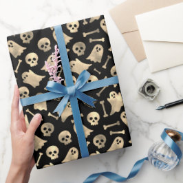 Papel De Presente Cranio de Halloween Preto Vintage Osso Divertido F