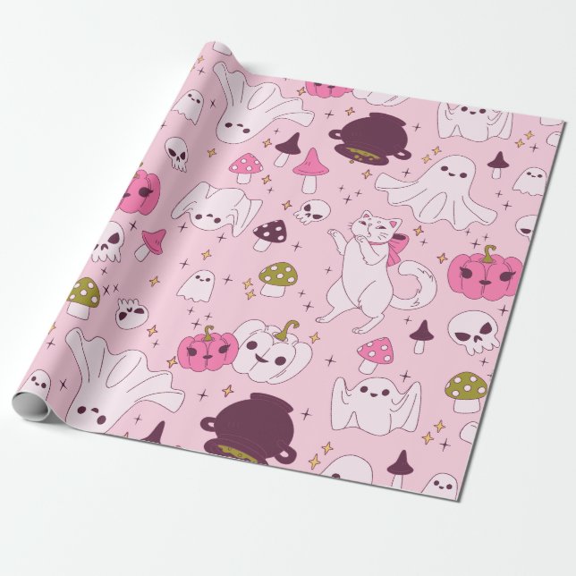 Papel De Presente crânio fantasma do gato-do-mato-bruxa-de-bruxa-ros (Desenrolado)