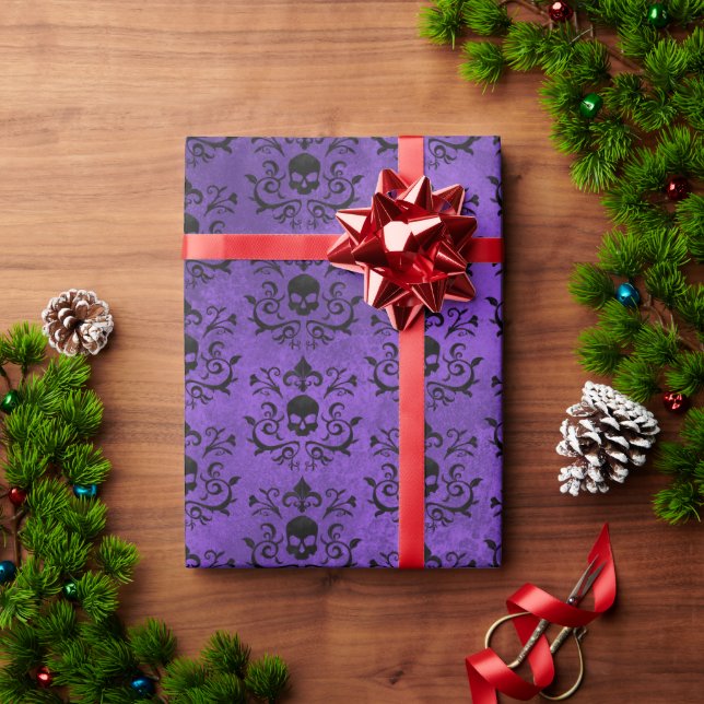 Papel De Presente Crânio Floral a Damasco Gótico Escuro (Preto e Rox (Presente de Natal)