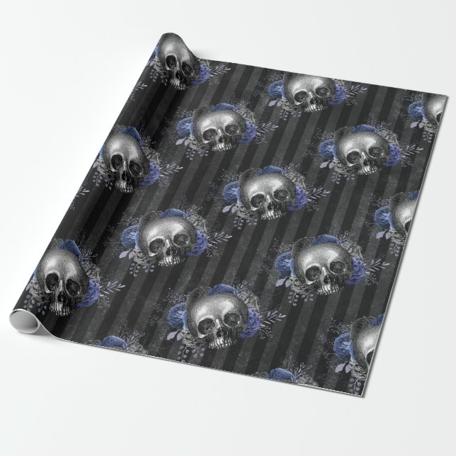 Papel De Presente Crânio Floral Gótico Halloween (Desenrolado)