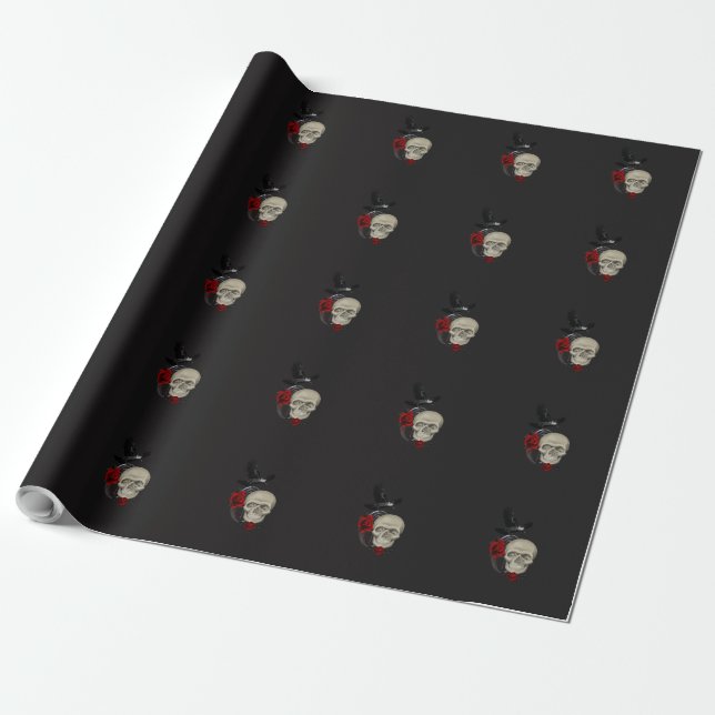 Papel De Presente Crânio gótico com Rosa e corvo (Desenrolado)