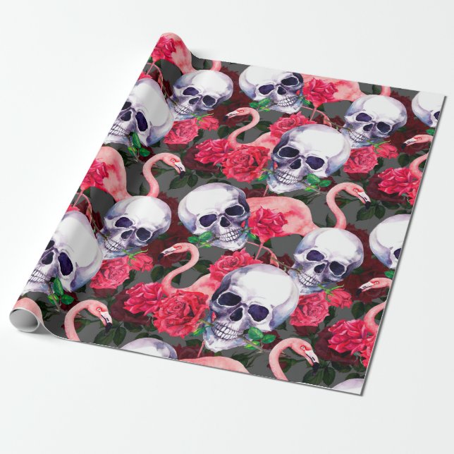 Papel De Presente Crânio humano com flamingo e flores rosas vermelha (Desenrolado)