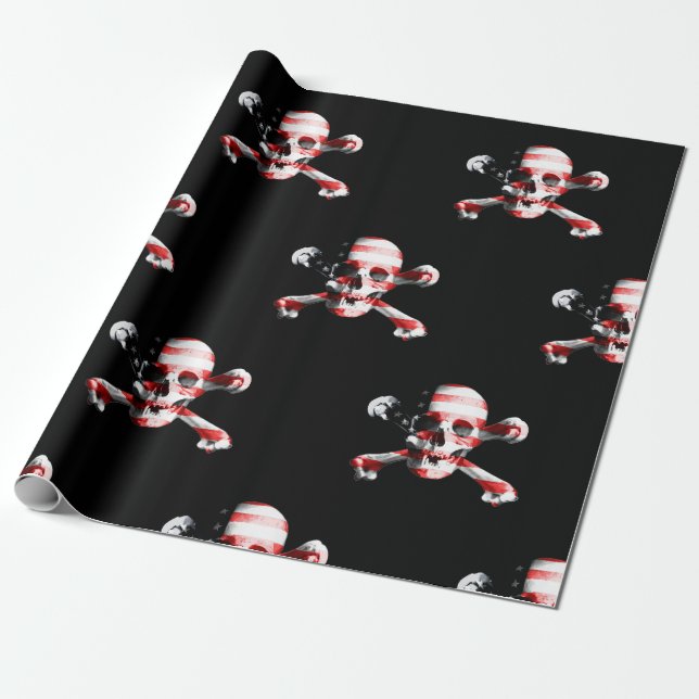 Papel De Presente Crânio Pirata Americano divertido em Preto (Desenrolado)
