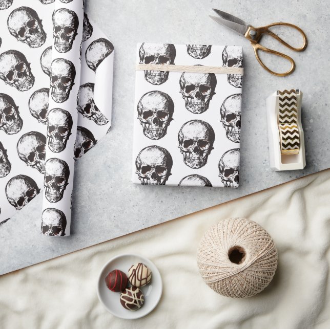 Papel De Presente Cranio Preto e Branco Padrão de Halloween (Artesanato)