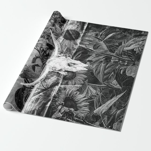 Papel De Presente Crânio Russo Negro E Branco Floral (Desenrolado)