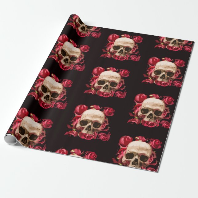 Papel De Presente Crânio vermelho e preto gótico (Desenrolado)