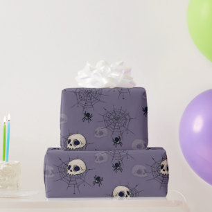 Papel De Presente Crânios Aranhas Teias de Aranha Azul Halloween