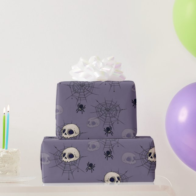 Papel De Presente Crânios Aranhas Teias de Aranha Azul Halloween (Presentes para festas)
