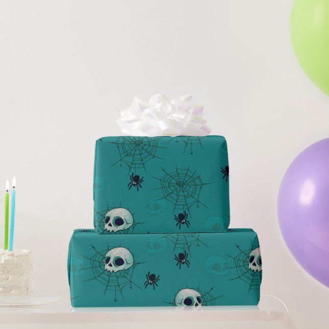 Papel De Presente Crânios Aranhas Teias de Aranha Verde Halloween (Presentes para festas)