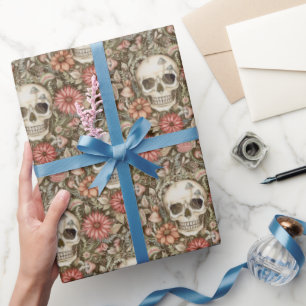 Papel De Presente Crânios Assustadores & Flores Vermelhas