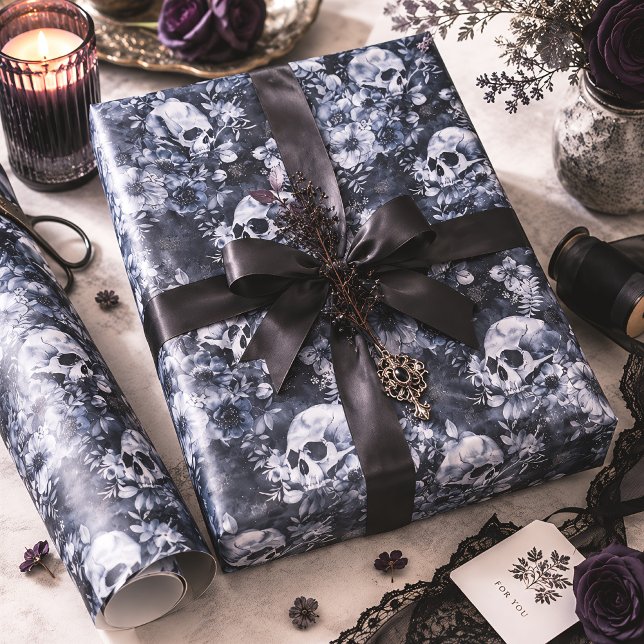Papel De Presente Crânios Botânicos Góticos Halloween (Criador carregado)