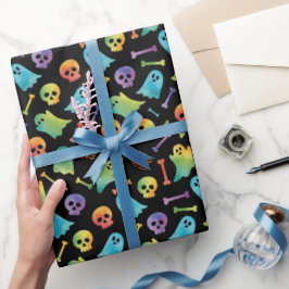 Papel De Presente Crânios Coloridos de Halloween Assustadores Ossos 