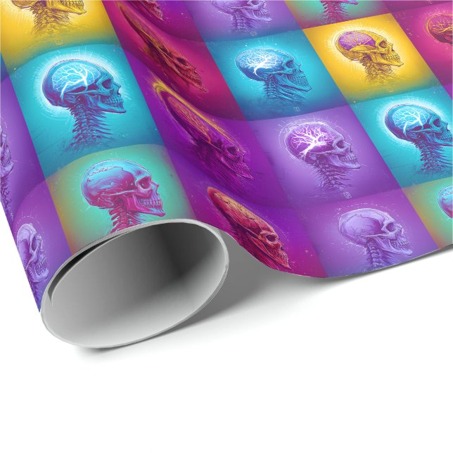 Papel De Presente Cránios Cromáticos - Padrão Neon Psicodélico (Ponta do rolo)