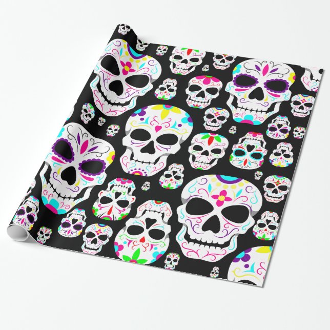Papel De Presente crânios de açúcar gótico de halloween preto (Desenrolado)