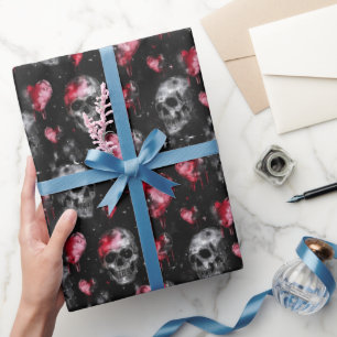 Papel De Presente Crânios de amor gótico e corações vermelhos