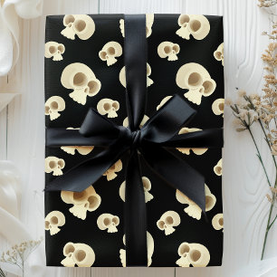 Papel De Presente Crânios de Halloween Preto Branco Padrão Assustado