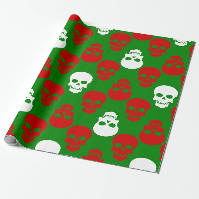 Papel De Presente Crânios de natal feios verde-vermelho (Desenrolado)